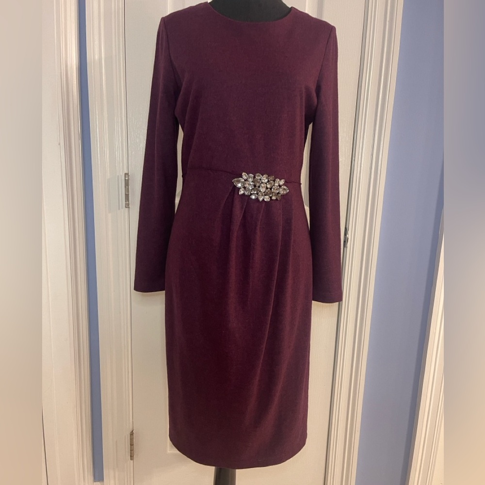 Lafayette 148 Embellished Burgundy Wool Pencil Dress